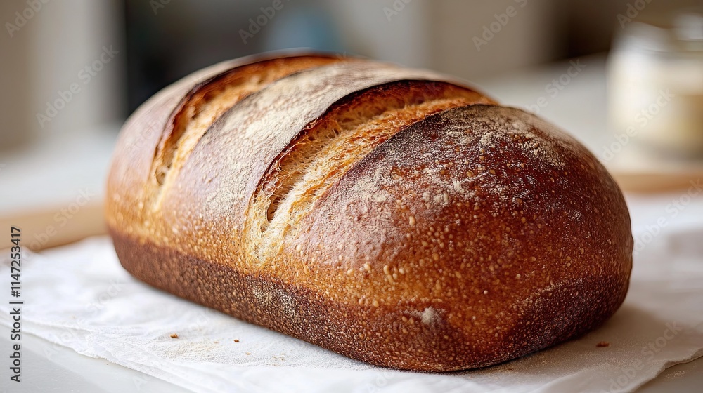 On a crisp white background, a whole wheat sandwich bread loaf with a well baked crust On a crisp white background, a whole wheat sandwich bread loaf with a well baked crust