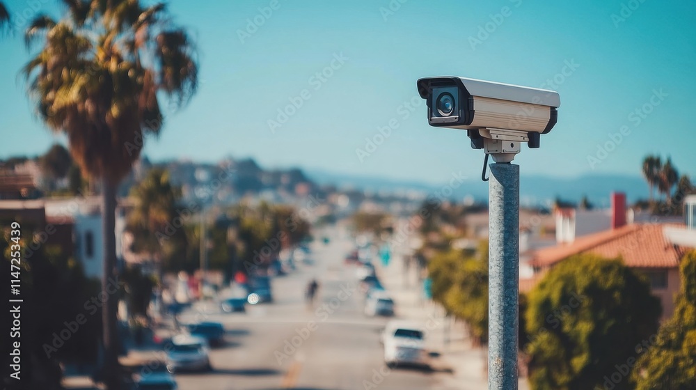 Security Camera Monitoring Urban Street in Bright Daylight Security Camera Monitoring Urban Street in Bright Daylight