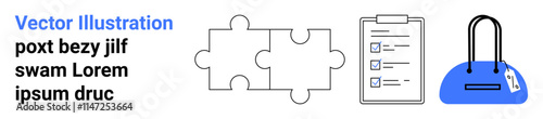 Text Vector Illustration, puzzle pieces, clipboard with checkmarks, and handbag. Ideal for project management, organization, creativity, business task completion e-commerce planning. Landing page