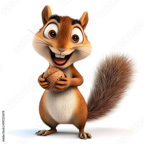 Cheerful cartoon squirrel character holding an acorn, smiling bright