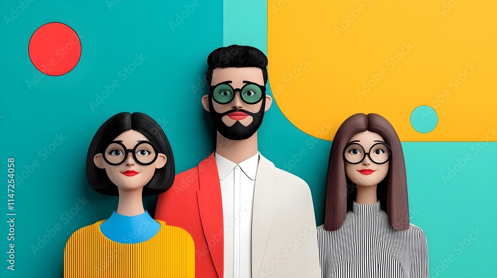 Colorful 3D Characters with Glasses on Abstract Background Colorful 3D Characters with Glasses on Abstract Background
