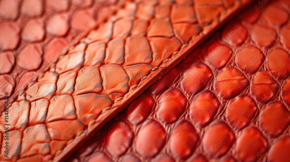 Close-up of red snakeskin leather texture with stitching detail. Close-up of red snakeskin leather texture with stitching detail.
