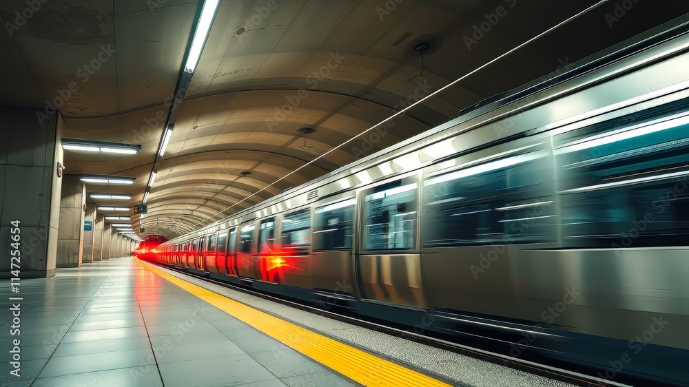 Futuristic Underground Train, Modern Transit, Rapid Transit, Urban Transportation, Sleek Train Cars, Bright Tunnel, High-Speed Rail Futuristic Underground Train, Modern Transit, Rapid Transit, Urban Transportation, Sleek Train Cars, Bright Tunnel, High-Speed Rail