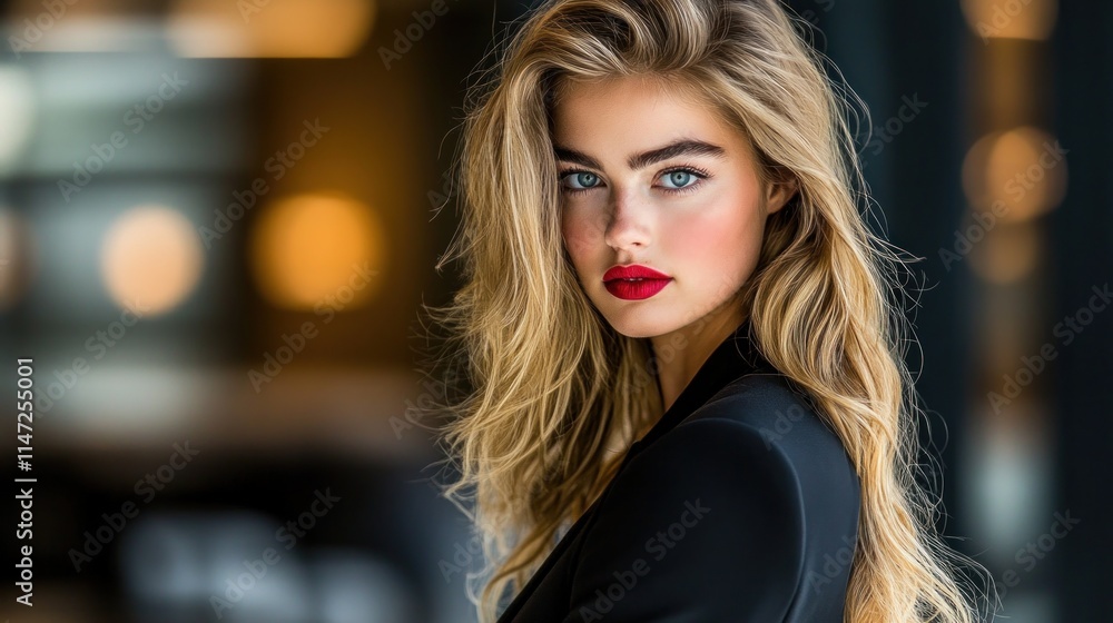 Fototapeta premium Close-up portrait of a beautiful young woman with long blonde hair, red lipstick, and intense blue eyes.