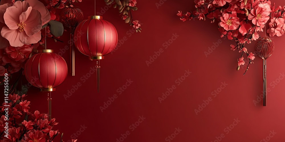 Red Lanterns and Blossoms Festive Background Red Lanterns and Blossoms Festive Background