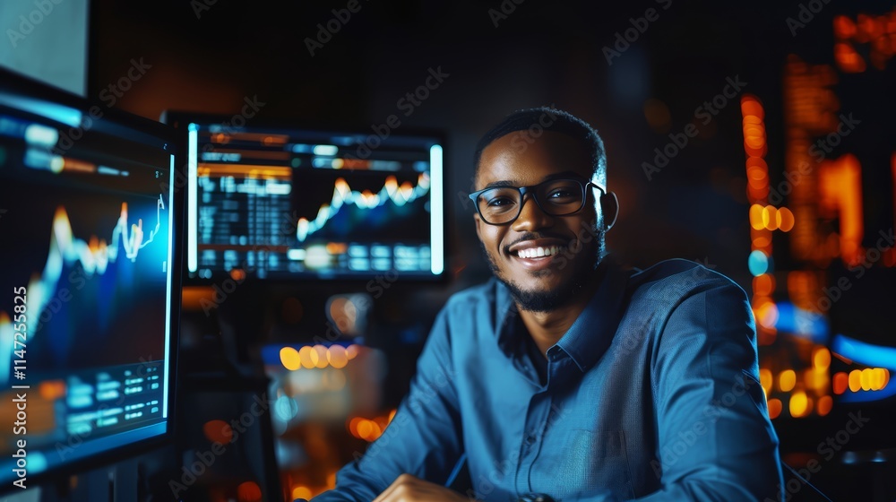 Data Analytics. The analyst at his office with computer screen display business datum dashboard in the background Data Analytics. The analyst at his office with computer screen display business datum dashboard in the background