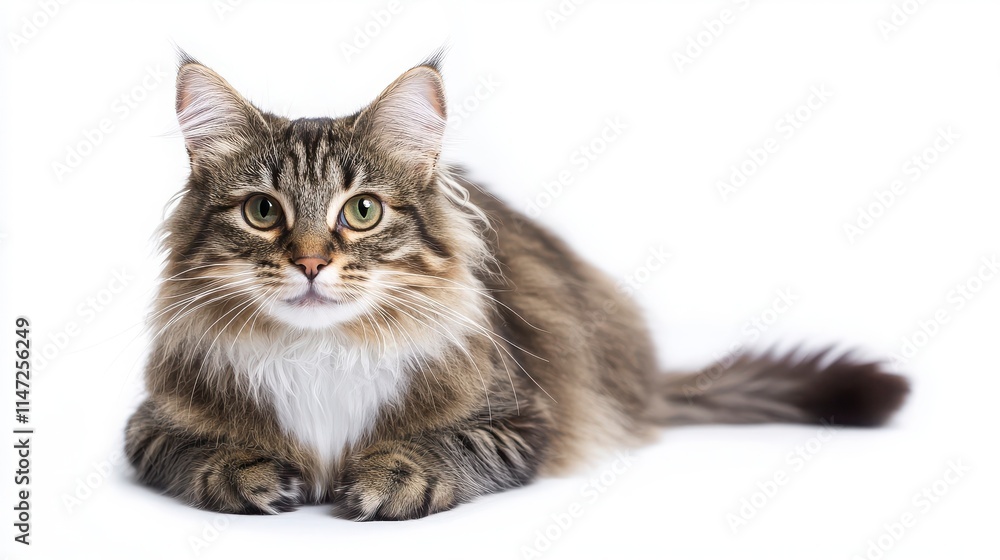 Fluffy Maine Coon Cat Laying on White Background with Intense Eyes Fluffy Maine Coon Cat Laying on White Background with Intense Eyes