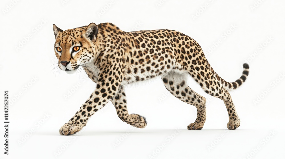 Obraz premium Realistic Leopard Walking on White Background in Studio Setting