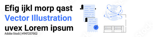 Documents, checkmark icon, network globe representing digital connectivity and file organization. Ideal for business, technology, digital solutions, office administration, workflow management