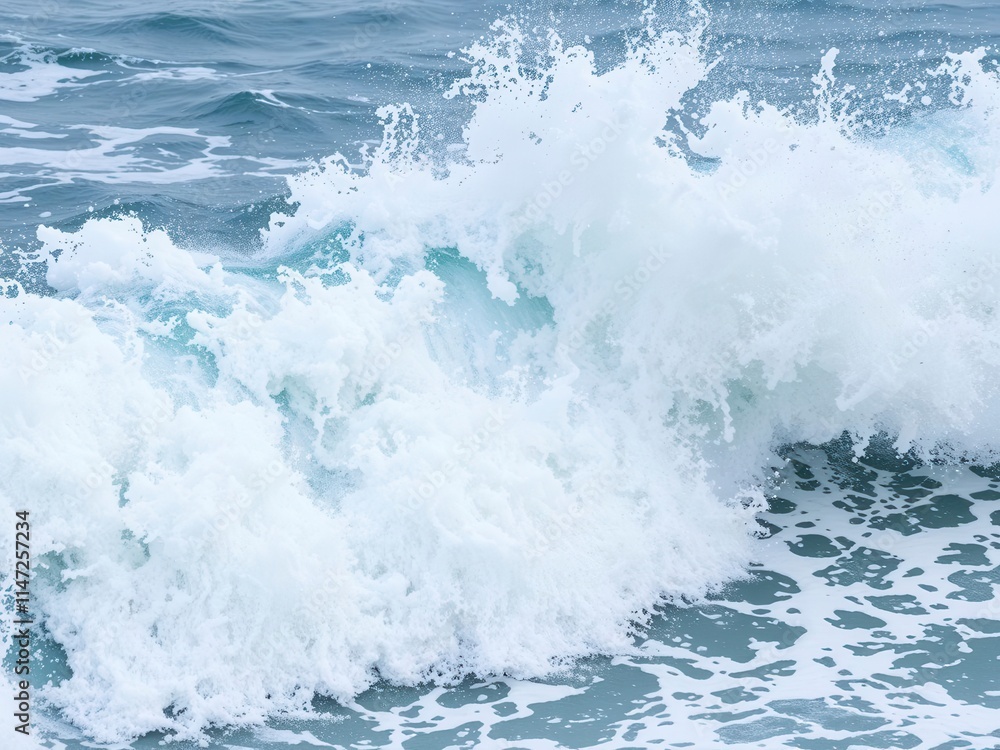 Powerful ocean wave crashing on rocky shore, creating foamy spray and mist, foamy, motion Powerful ocean wave crashing on rocky shore, creating foamy spray and mist, foamy, motion
