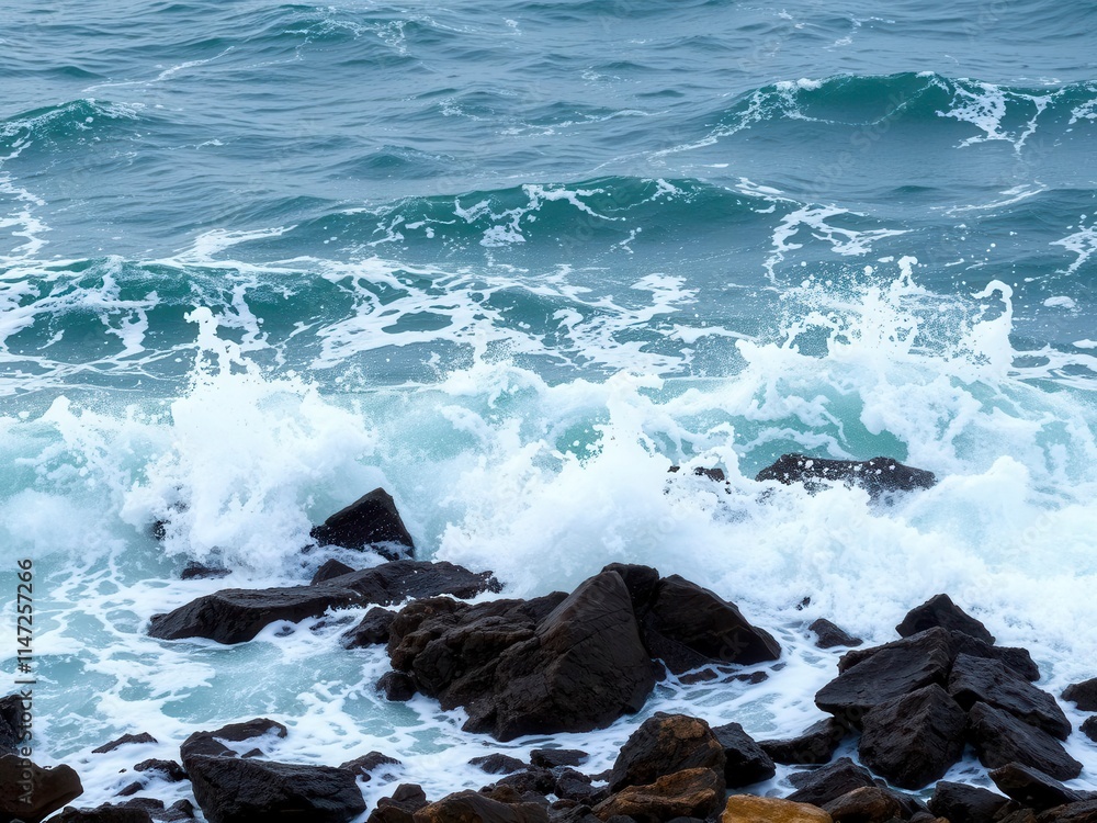 Powerful ocean wave crashing on rocky shore with dramatic splashes of sea water, spray, foam, ocean Powerful ocean wave crashing on rocky shore with dramatic splashes of sea water, spray, foam, ocean