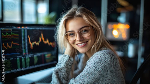 Data Analytics. The analyst at her office with computer screen display business datum dashboard in the background