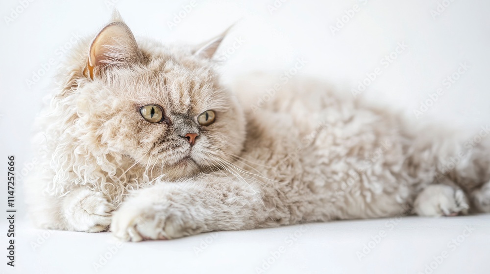 Obraz premium Fluffy Light Cream Cat with Green Eyes Relaxing on a Soft Surface