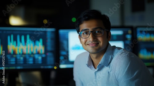 Data Analytics. An Indian analyst at his office with computer screen display business datum dashboard in the background