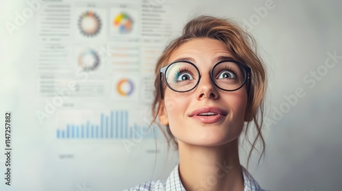 Data Analytics. A surprised analyst with glasses at her office with business datum on the wall in the background