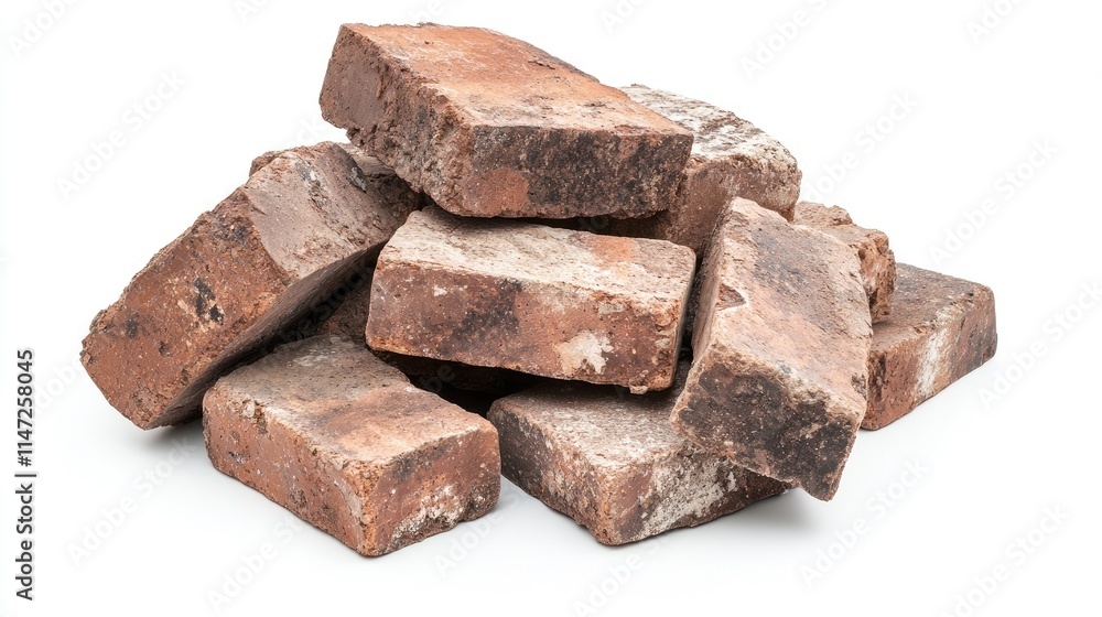 A casual pile of rugged bricks with rough surfaces, dirt, and small cracks, arranged on a white background, emphasizing their rugged, weathered texture A casual pile of rugged bricks with rough surfaces, dirt, and small cracks, arranged on a white background, emphasizing their rugged, weathered texture