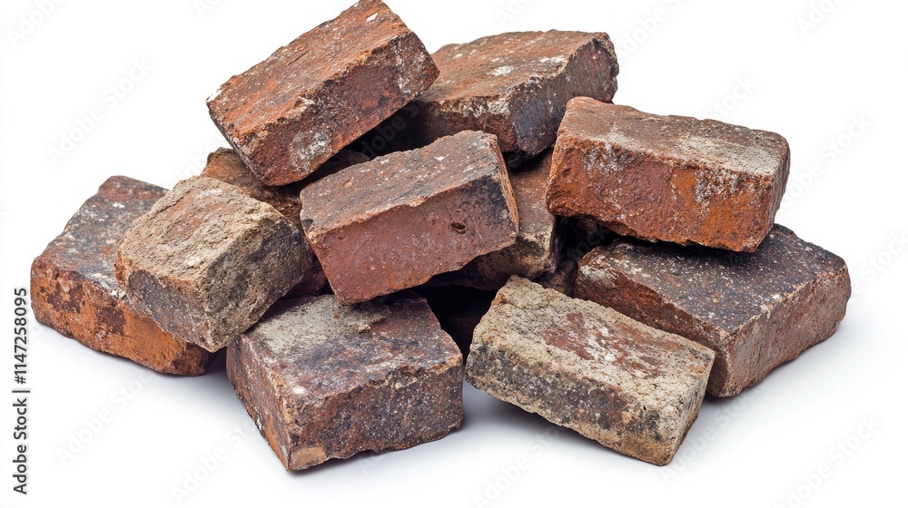 A casual pile of rugged bricks with rough surfaces, dirt, and small cracks, arranged on a white background, emphasizing their rugged, weathered texture A casual pile of rugged bricks with rough surfaces, dirt, and small cracks, arranged on a white background, emphasizing their rugged, weathered texture
