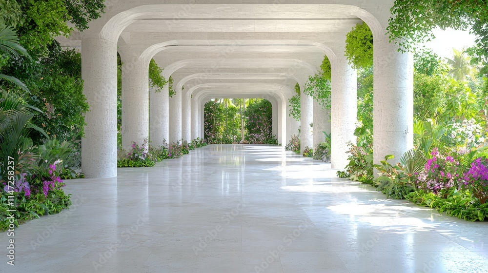 White colonnade walkway with lush greenery. White colonnade walkway with lush greenery.