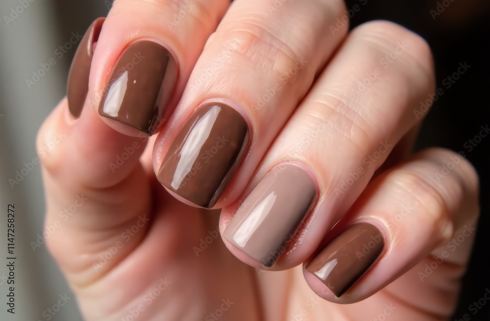Fototapeta premium close up short modern stylish manicure nails Mocha Mousse