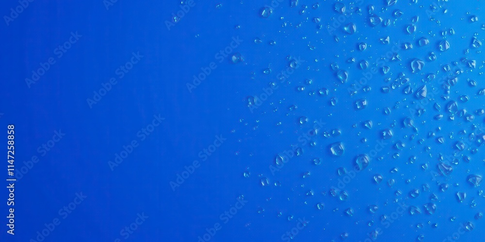 Water droplets on a vibrant blue background creating a soothing and surreal atmosphere, reflection, blue background Water droplets on a vibrant blue background creating a soothing and surreal atmosphere, reflection, blue background
