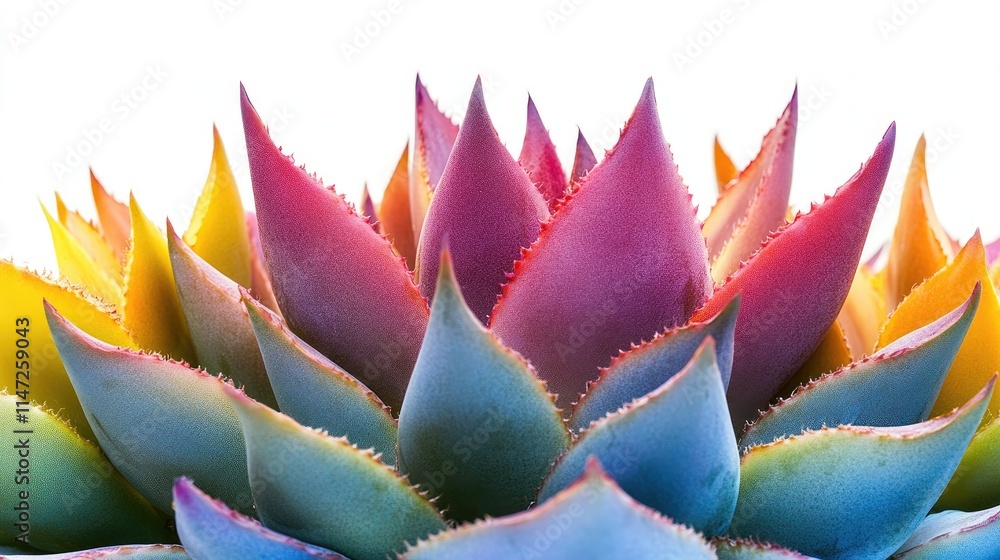 A close-up of a succulent cactus with vivid colors, showcasing its sharp spines and intricate textures, set against a clean white backdrop A close-up of a succulent cactus with vivid colors, showcasing its sharp spines and intricate textures, set against a clean white backdrop