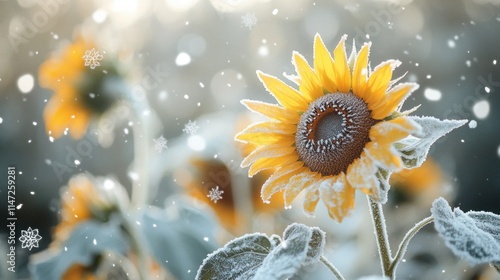 Frosty sunflower in snowy field. photo