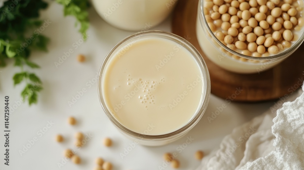 A close-up of soy milk being poured into a glass on a white table, capturing the delicate and fresh nature of the plant-based drink A close-up of soy milk being poured into a glass on a white table, capturing the delicate and fresh nature of the plant-based drink