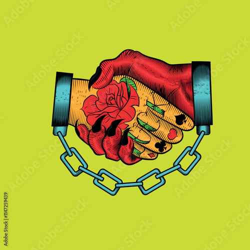 illustration of tattoo handshake between handcuffed man and devil, man's hand tattooed, colored