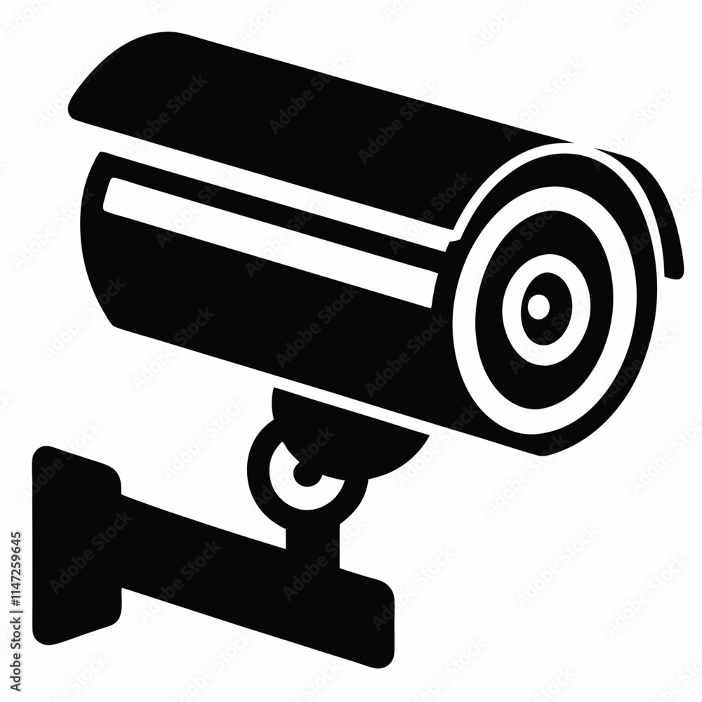 Black silhouette of a security camera isolated on white backdrop. Concept of security, monitoring. Black silhouette of a security camera isolated on white backdrop. Concept of security, monitoring.