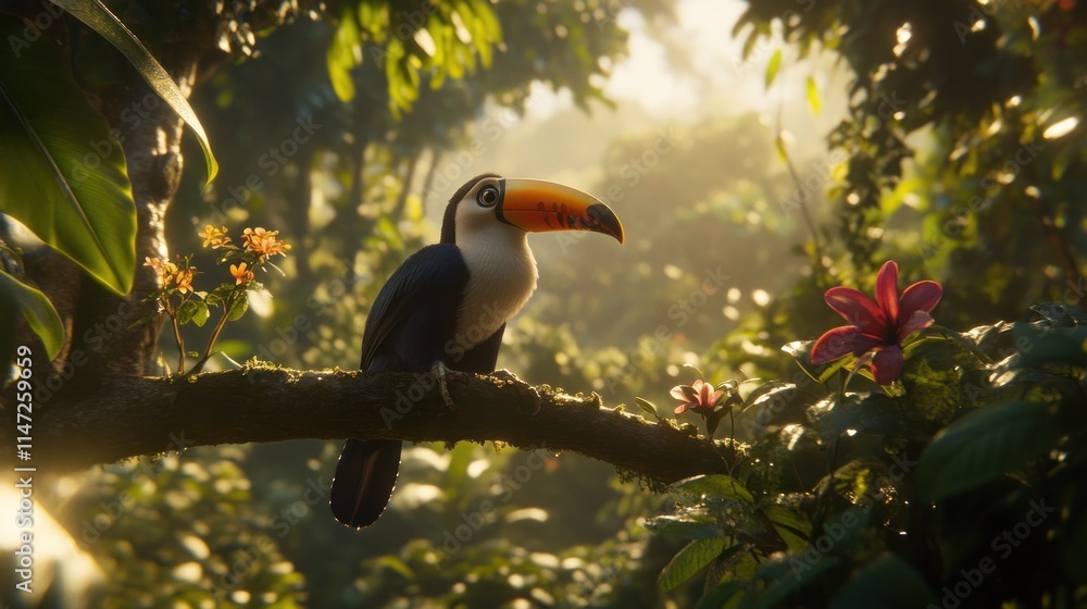 Toucan perched on a branch in a lush rainforest, sunlight filtering through leaves. Toucan perched on a branch in a lush rainforest, sunlight filtering through leaves.