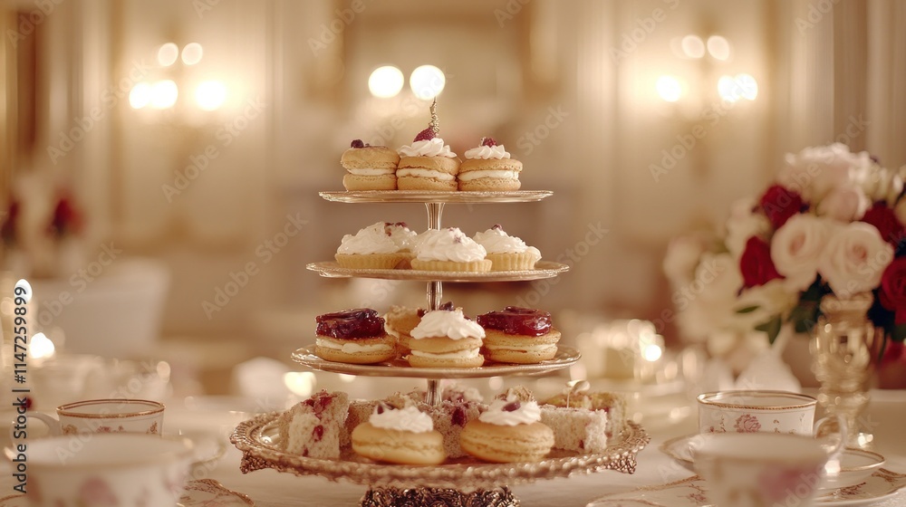 Elegant three-tiered stand with assorted pastries and teacups on a table. Elegant three-tiered stand with assorted pastries and teacups on a table.