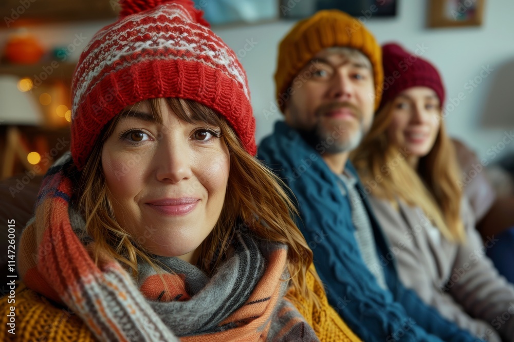 Portrait of smiling woman in knitted hat and scarf with her family Portrait of smiling woman in knitted hat and scarf with her family
