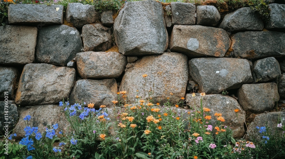 A close-up view of ancient stone masonry in Machu Picchu, weathered over time yet still impressive, surrounded by vibrant wildflowers and lush greenery A close-up view of ancient stone masonry in Machu Picchu, weathered over time yet still impressive, surrounded by vibrant wildflowers and lush greenery