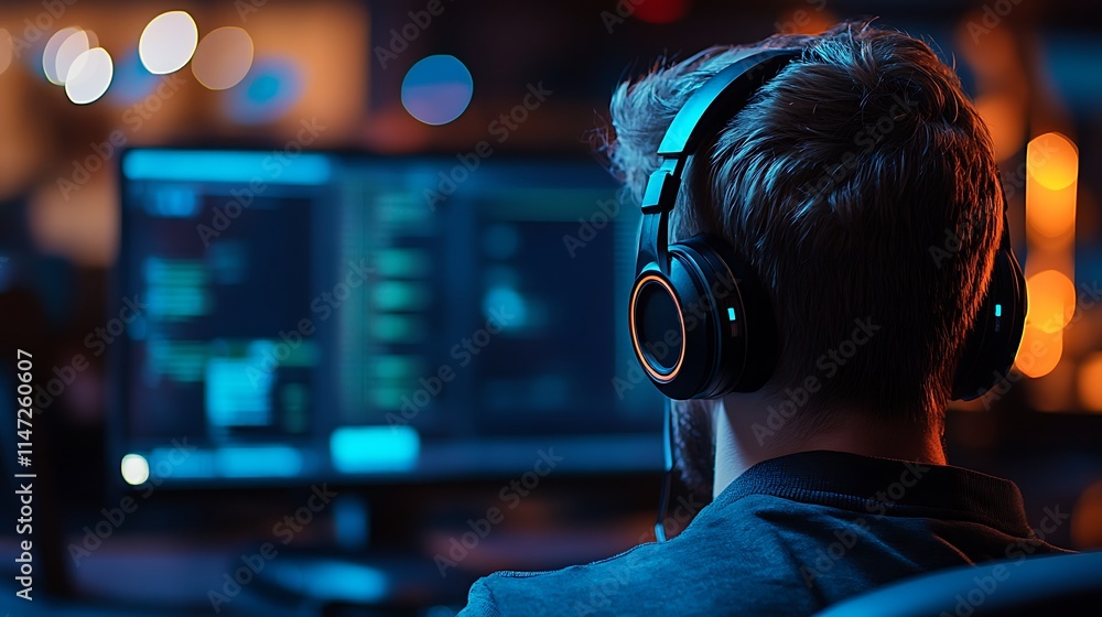 Gaming session spotlight programmer at home digital workspace night Gaming session spotlight programmer at home digital workspace night