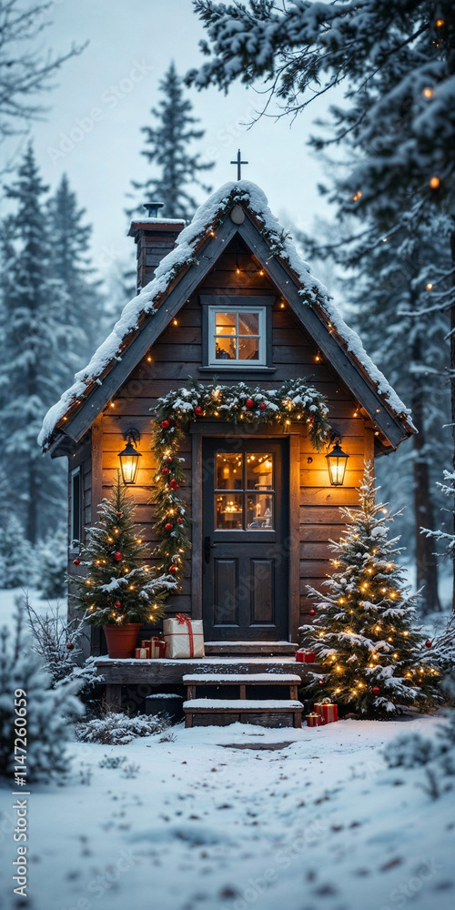 Concept photo of tiny house exterior with Christmas concept Concept photo of tiny house exterior with Christmas concept