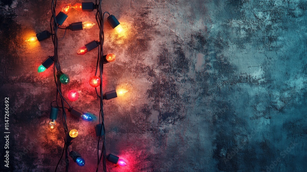 Obraz premium A cozy holiday scene featuring colorful Christmas lights arranged along a textured loft wall, inviting creativity for seasonal designs and festive settings