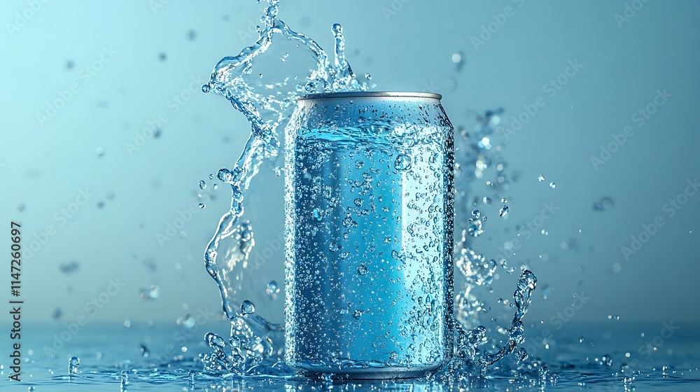 Refreshing Blue Can of Water with Splashing Water Droplets Refreshing Blue Can of Water with Splashing Water Droplets