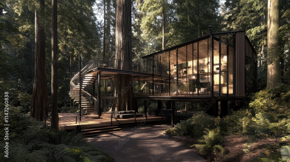 Modern glass treehouse with spiral staircase in redwood forest. Modern glass treehouse with spiral staircase in redwood forest.