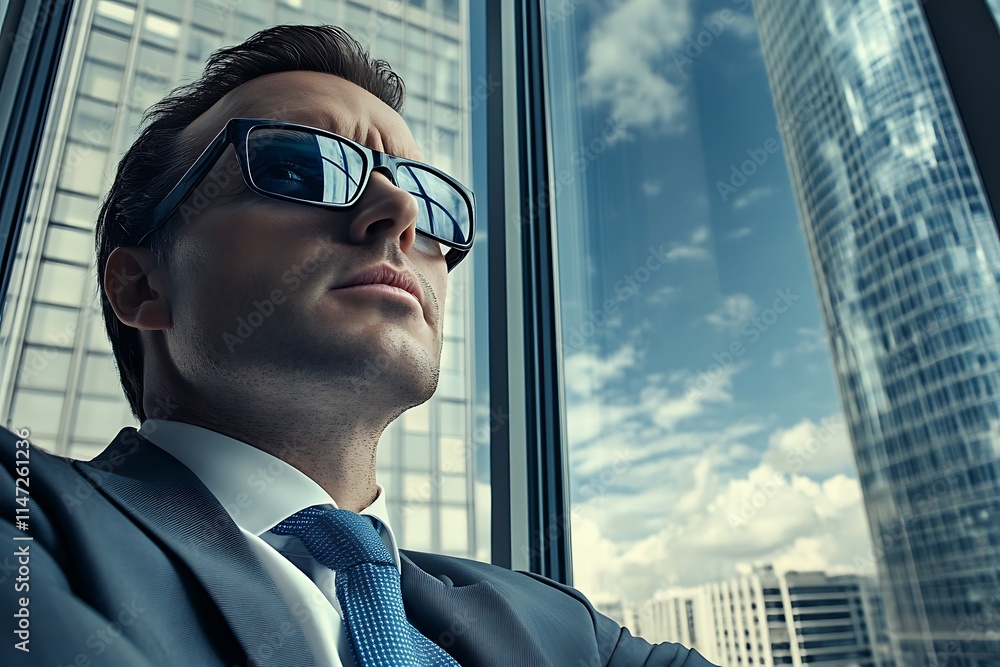 Fototapeta premium Businessman in sunglasses, urban view. Concept of success, leadership, and modern business.