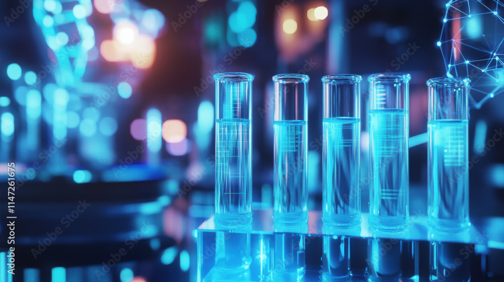A close-up of test tubes filled with clear blue liquid, surrounded by futuristic laboratory equipment and digital data streams in the background A close-up of test tubes filled with clear blue liquid, surrounded by futuristic laboratory equipment and digital data streams in the background