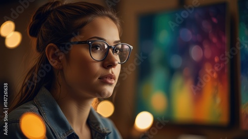 Young Woman Wearing Glasses Contemplatively Looks Aside