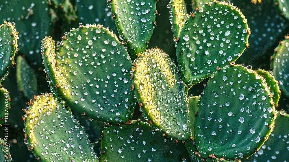 A detailed macro shot of water droplets on a green cactus, glistening in the sunlight after a rare Sonoran Desert rainstorm, capturing a vivid desert scene A detailed macro shot of water droplets on a green cactus, glistening in the sunlight after a rare Sonoran Desert rainstorm, capturing a vivid desert scene