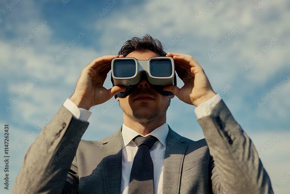 Businessman using binoculars, looking at the future. Vision, opportunity, and planning concept. Businessman using binoculars, looking at the future. Vision, opportunity, and planning concept.