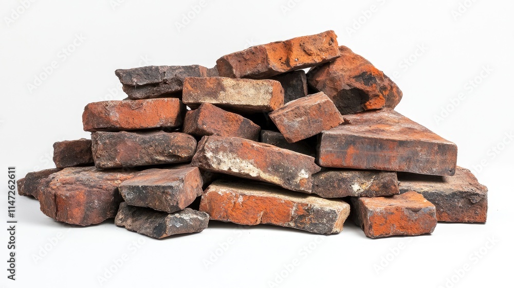 A disordered pile of rugged bricks, showing uneven surfaces and small cracks, arranged against a white background, highlighting the raw texture of the material A disordered pile of rugged bricks, showing uneven surfaces and small cracks, arranged against a white background, highlighting the raw texture of the material
