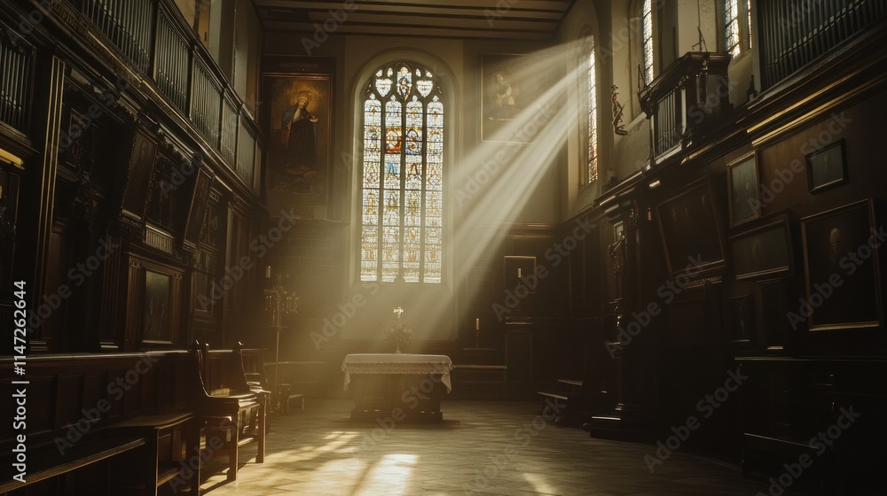 Sunbeams illuminate a chapel's altar through a stained-glass window. Sunbeams illuminate a chapel's altar through a stained-glass window.