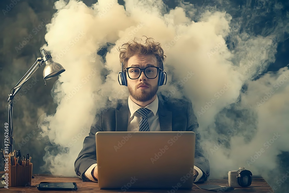 Businessman in smoke cloud working on laptop. Concept of stress, pressure, and deadlines. Businessman in smoke cloud working on laptop. Concept of stress, pressure, and deadlines.