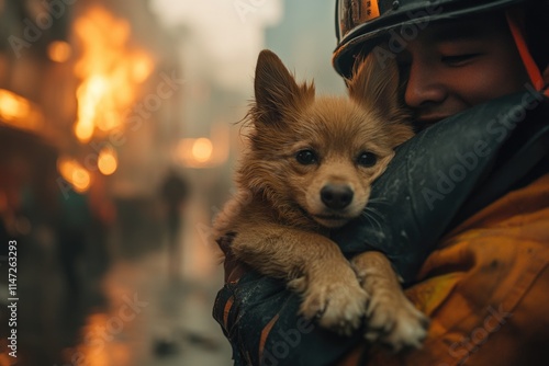 Heroic act, rescuer in action, bravery and compassion while saving others from danger, spirit of selflessness, courage, quick thinking in moments of crisis. photo