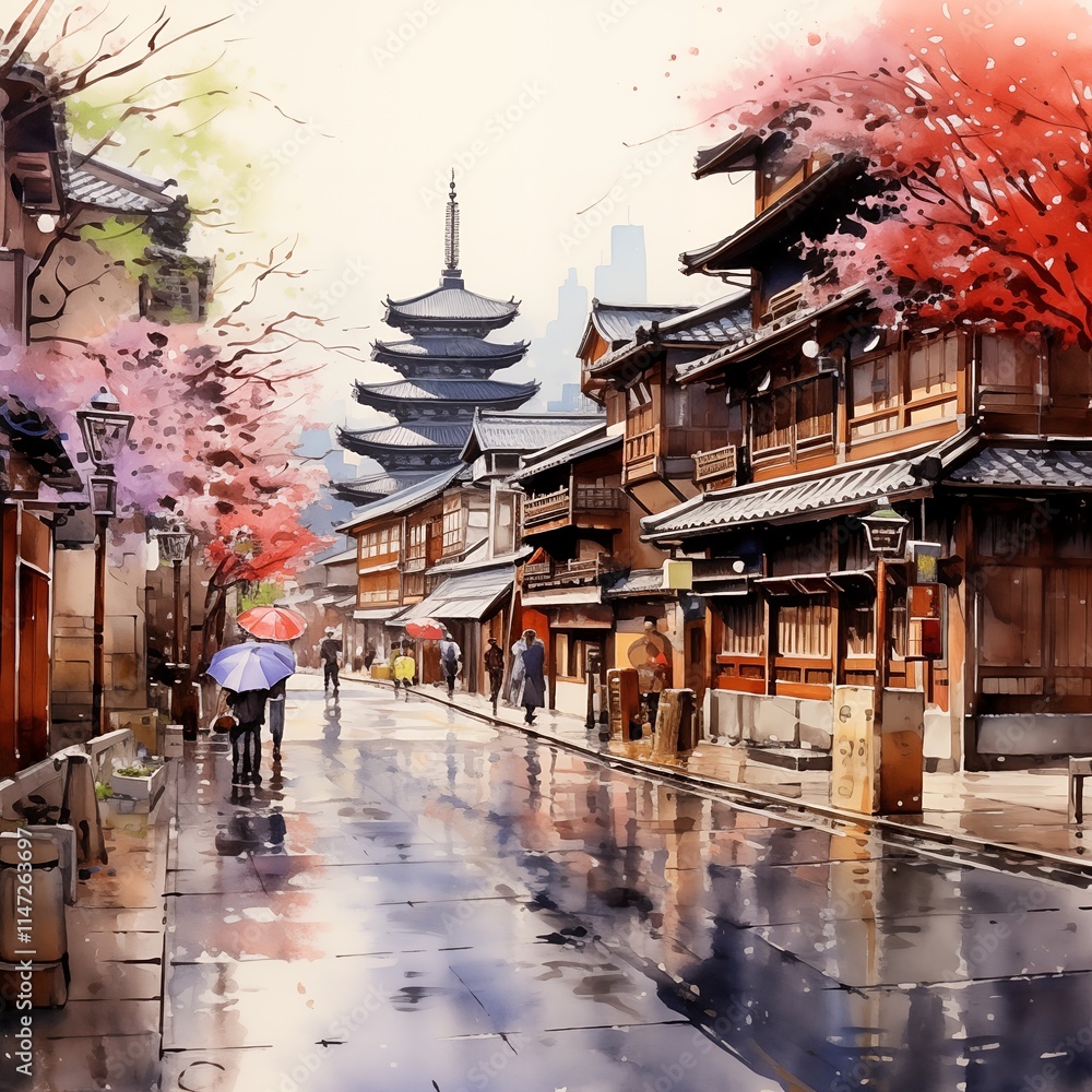 Obraz premium Serene Kyoto Street Scene: Traditional Japanese Architecture with Cherry Blossoms and Pagoda Reflected on a Rainy Day – A Nostalgic Celebration of Cultural Heritage