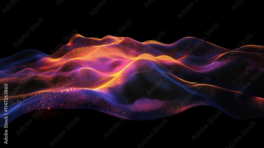 Fototapeta premium A dynamic wave of colorful digital particles flowing with energy, representing modern technology and vibrant motion in a sleek, abstract composition