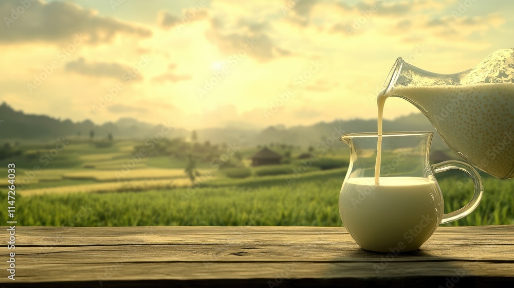 A glass being filled with soy milk from a jug, placed on a wooden table with a serene farm landscape in the background, capturing the essence of natural ingredients A glass being filled with soy milk from a jug, placed on a wooden table with a serene farm landscape in the background, capturing the essence of natural ingredients